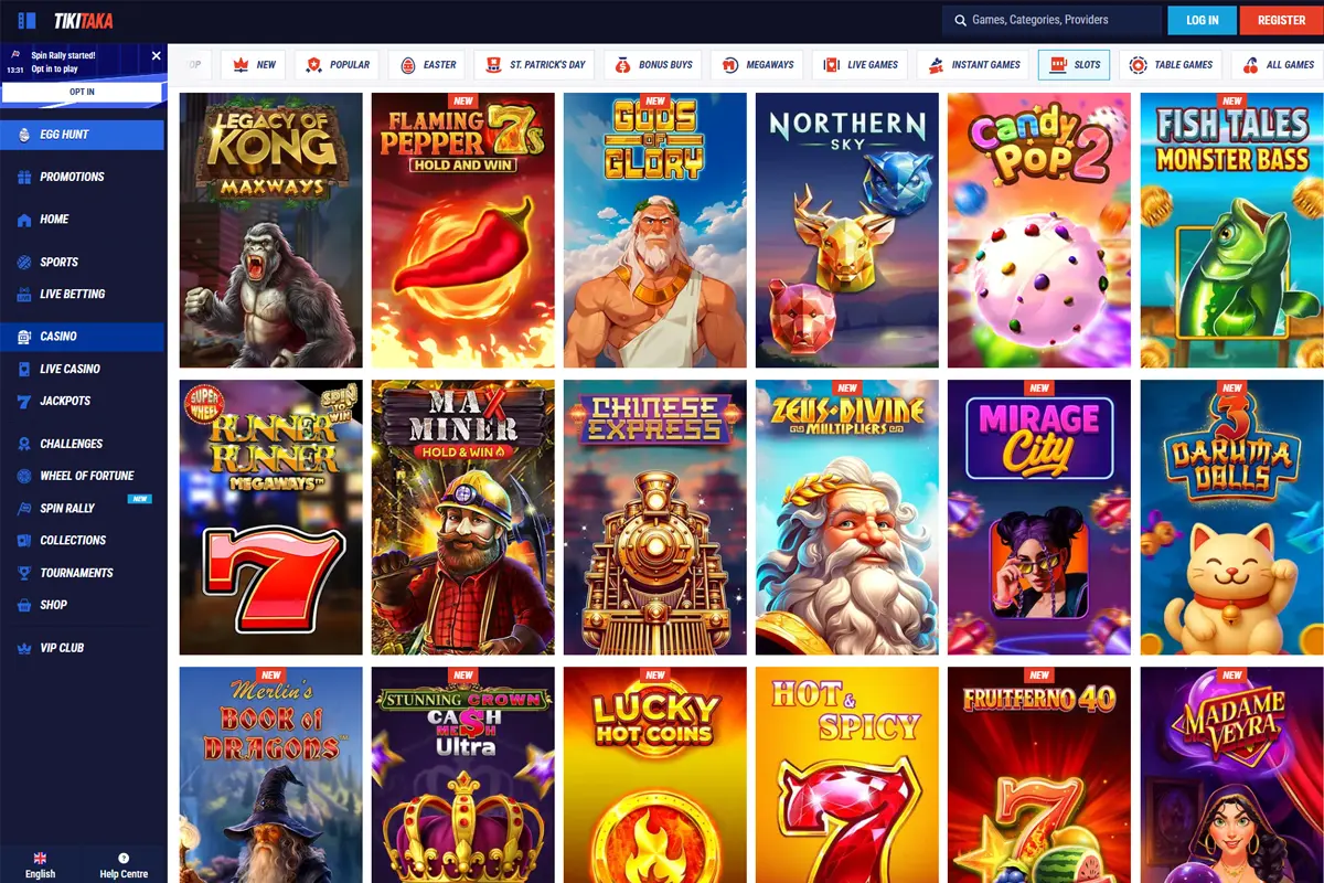 Tikitaka Casino slots lobby interface and games