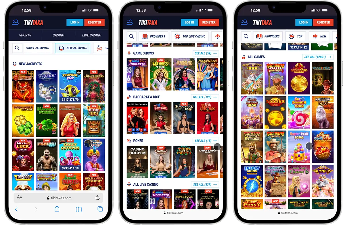 Tikitaka Casino mobile games interface screens
