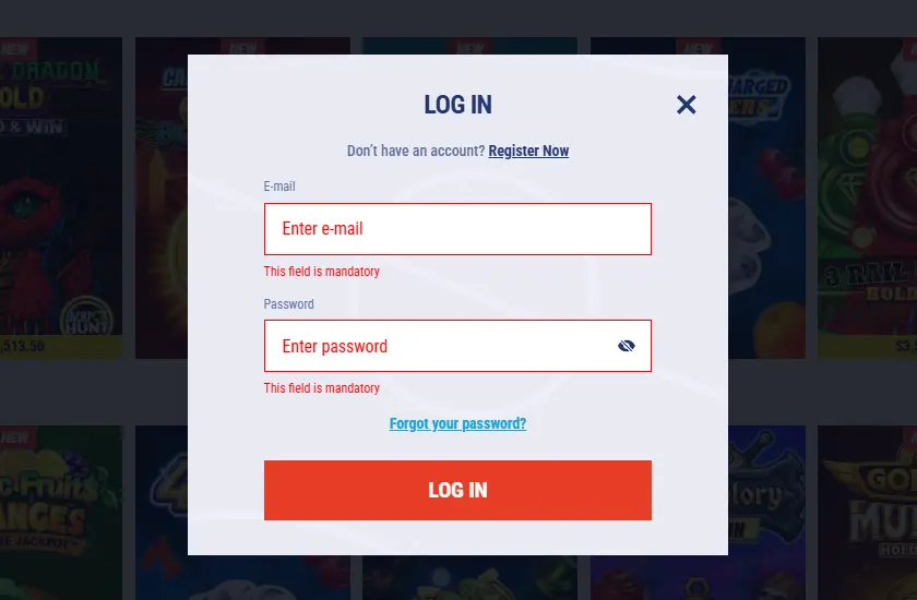 Tikitaka Casino login form screen