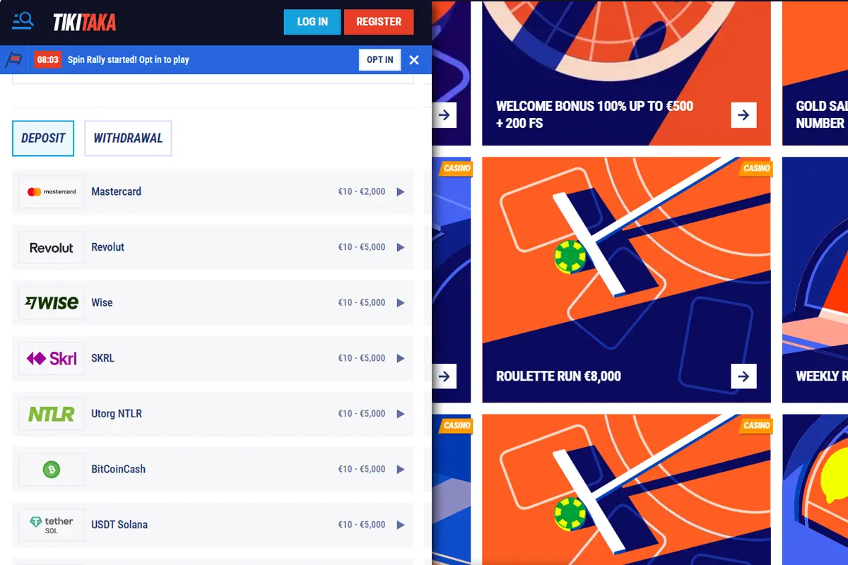 Tikitaka casino dashboard deposit games options