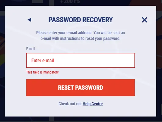 Tikitaka casino password recovery form screen